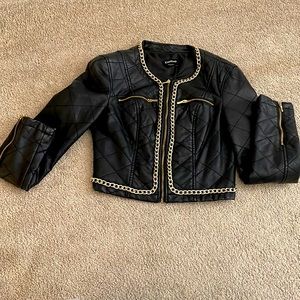 Black leather crop top jacket made by BEBE